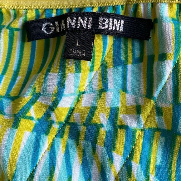 Gianni Bini One Shoulder Dress Yellow Turquoise White Pleated High Waist Sz L - Picture 5 of 6